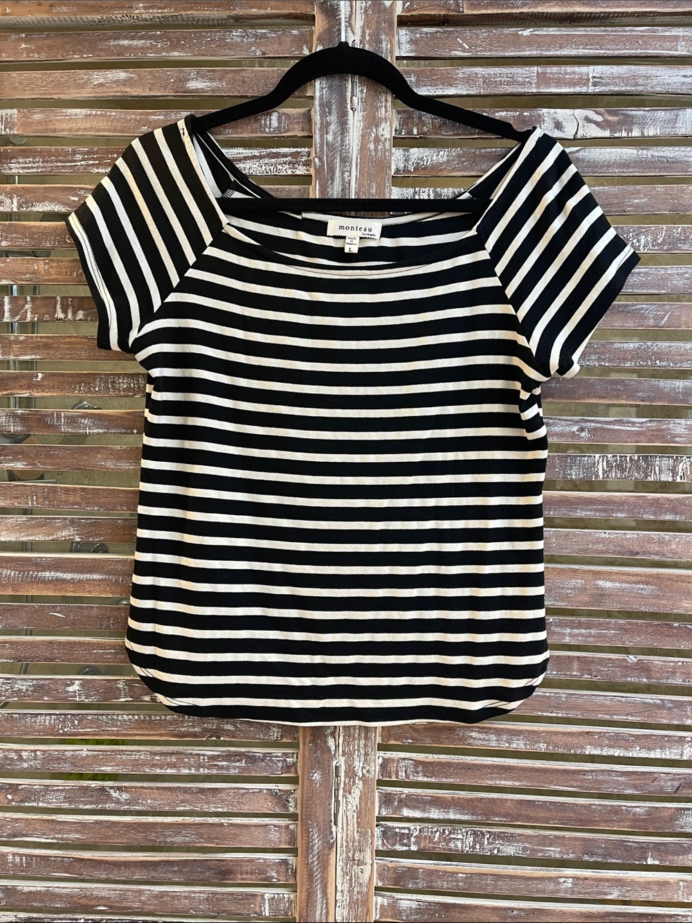 Monteau Black and White Striped Short Sleeve Boatneck Top